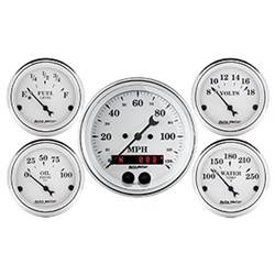 Auto Meter - Old Tyme White 5 Gauge Set Fuel/Oil/Speedo/Volt/Water - Auto Meter 1650 UPC: 046074016509 - Image 1